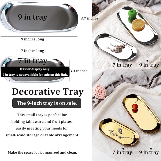 Stainless Steel Decorative Tray, 9 Inch Long, Jewelry Dish Cosmetics Organizer - Image 3