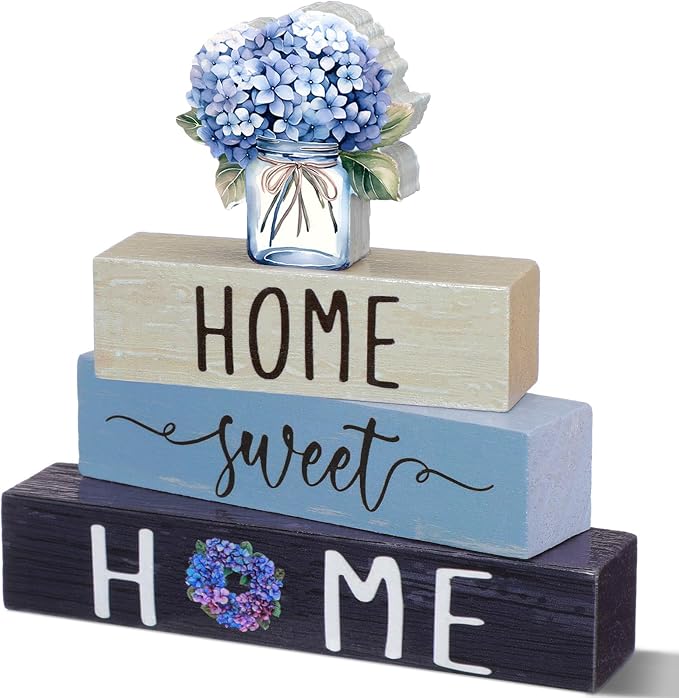 Cinnvoice 4 Pcs Farmhouse Wooden Tabletop Decor Blue Hydrangea Spring Rustic by Cinnvoice