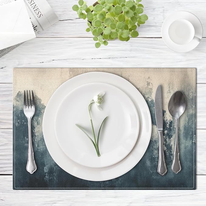Emvency Farmhouse Placemats Set of 4, 12x18 Inch, Dark Blue and Beige | - Image 4
