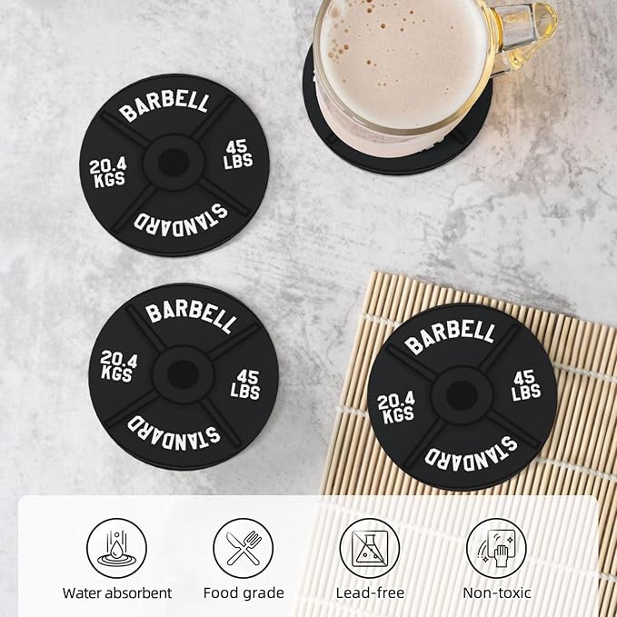 Barbell Plate Weight Lifting Coasters Set of 4, Absorbent Ceramic Drink - Image 5