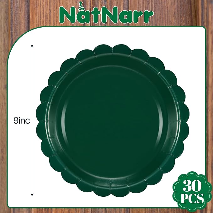 NatNarr 30 Pcs Dark Green Plates 9 Inch Scalloped Green Paper Plates | - Image 2
