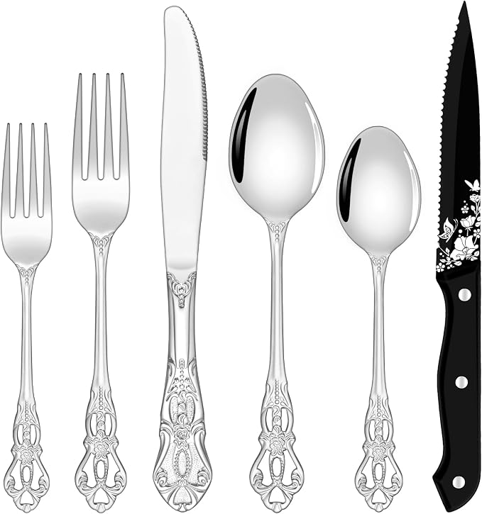 48 Pieces Retro Silverware Set for 8, Food-Grade Stainless Steel Cutlery by OllexSilverwareSets