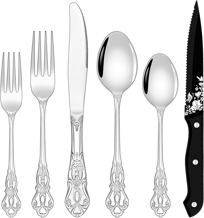 24 Pieces Silverware Set for 4, Retro Royal Flatware Set by OllexSilverwareSets