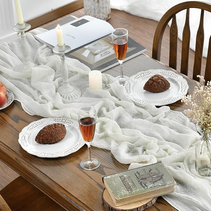 Artoid Mode Boho Milk White Gauze 3 Pieces Wedding Table Runner, 120 Inch - Image 4