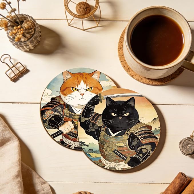 10pcs Coasters for Drinks Cute Samurai Cat Absorbent Coasters Set Round - Image 4