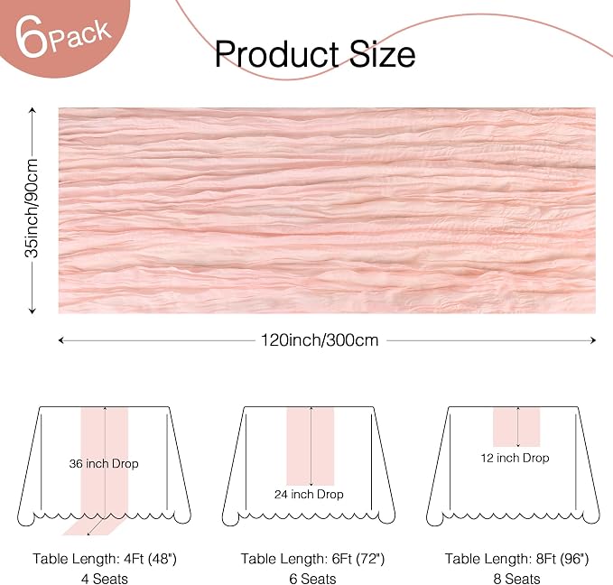 6 Pack Dusty Pink Cheesecloth Table Runners Boho Gauze Home Decor | 120Inch - Image 2