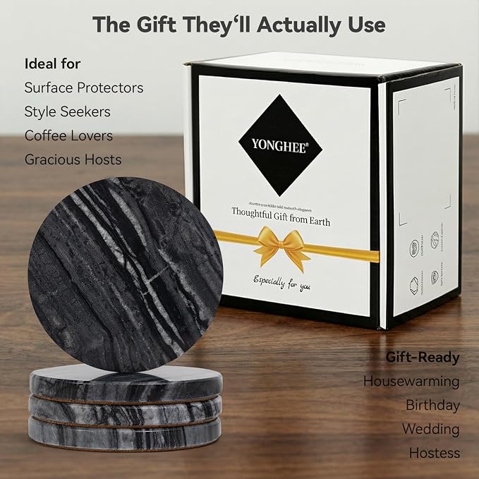 Black Marble Coasters Set of 4, Elegant Black & Dark Gray Coasters - Image 6