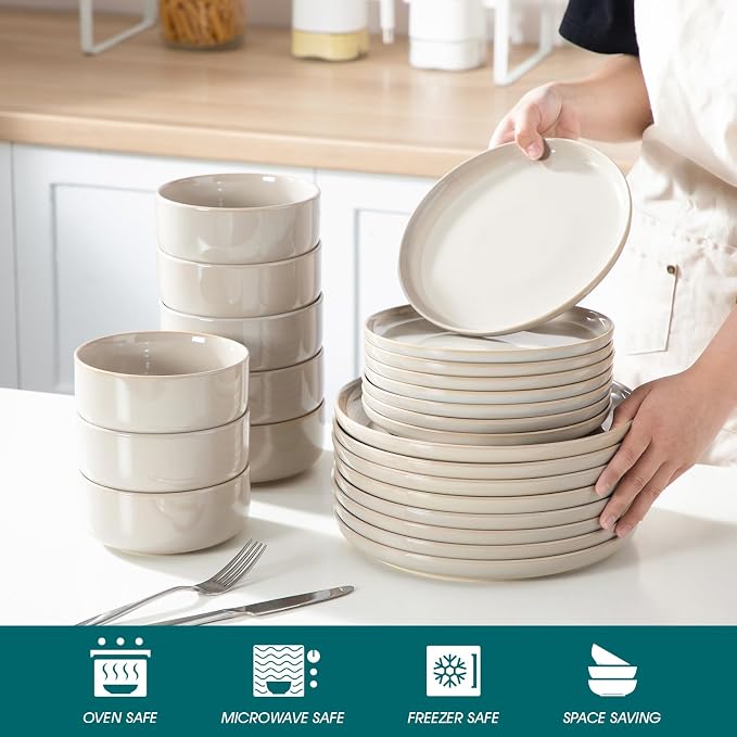 vancasso PLAYA Ceramic Plates and Bowls Sets, 24 Pieces Grey Dinnerware Sets - Image 4