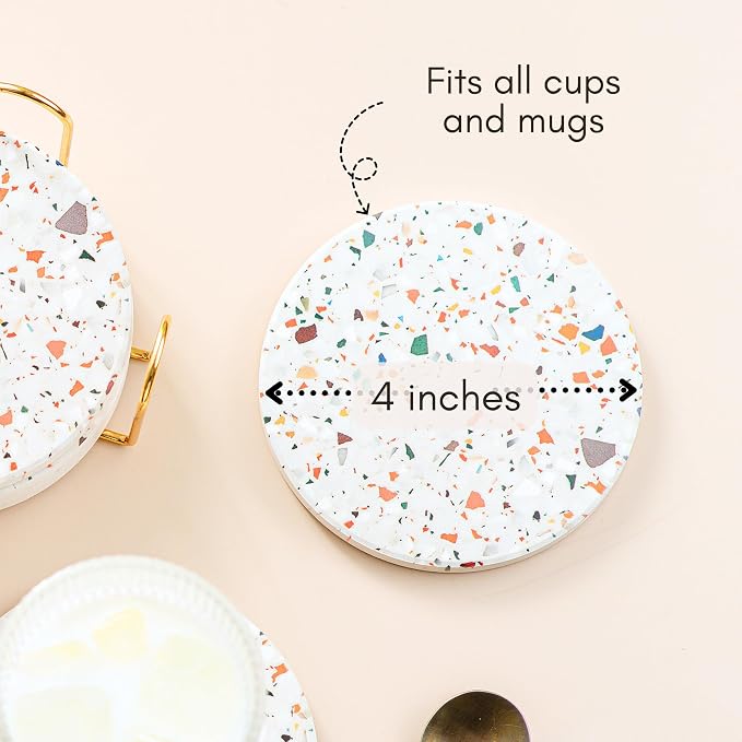 Terrazzo Coasters Set of 6, Colorful Boho Absorbent Ceramic Coasters | Speckled - Image 8