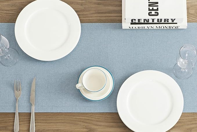Basic Linen Style Table Runner, 14x72 Inch Chambray Blue | Mitered Corner Design - Image 3