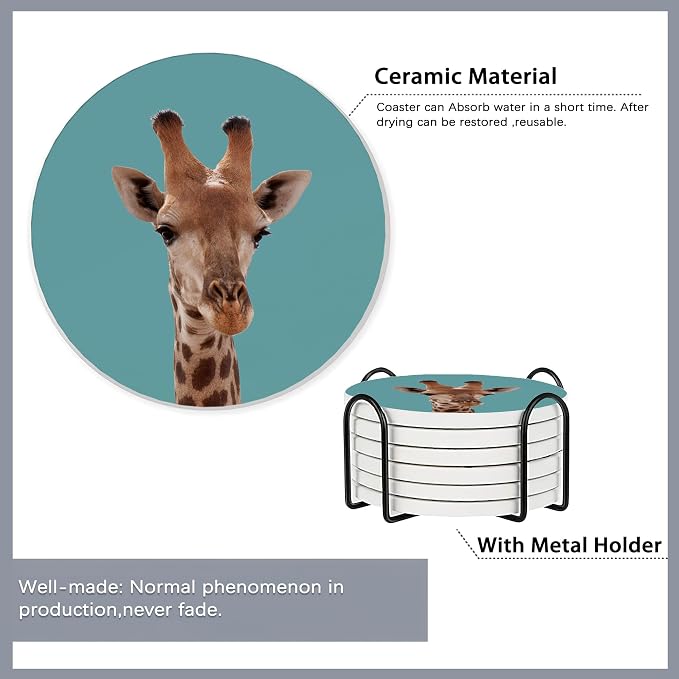 6 Pcs Coasters for Drinks with Holder, Funny Giraffe Absorbent Coaster with - Image 5