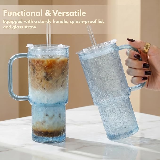 20 oz Blue Glass Tumbler with Lid and Straw, Glass Iced Coffee Cups, - Image 2