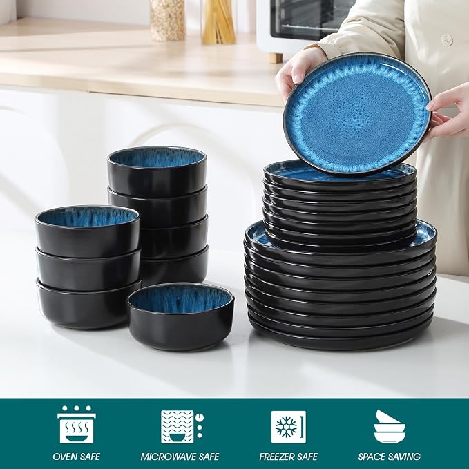 vancasso PLAYA Plates and Bowls Sets, 24 Pieces Blue Dinnerware Sets - Image 4