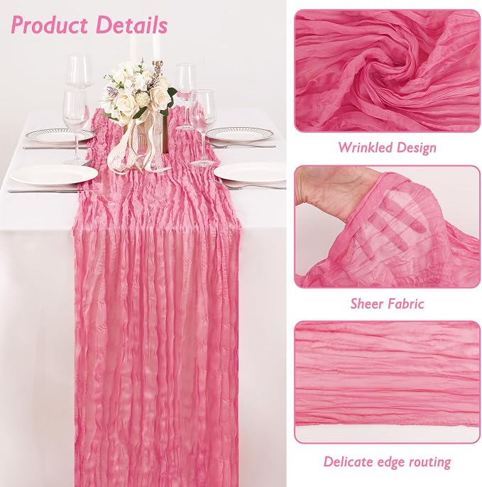 1 Pack Rose Pink Cheesecloth Table Runner 120 Inch Boho Wedding Decor | - Image 3