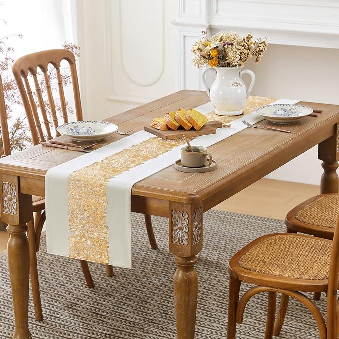Metallic Style Gold Table Runner, Table Runners 108 Inches Long | Cotton Linen - Image 2