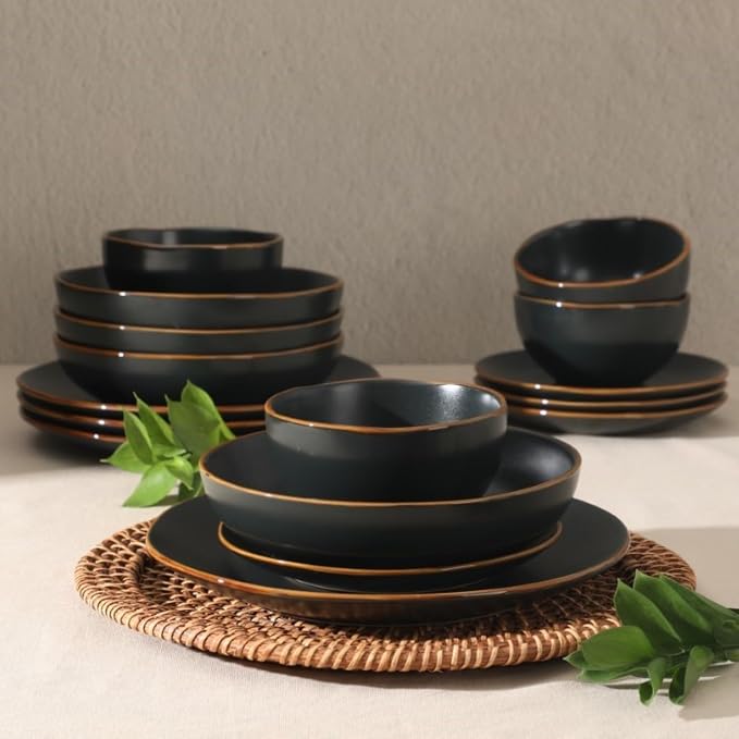 Gibson Home Hazeltine 16-Piece Black Stoneware Dinnerware Set – Plates and Bowls - Image 3