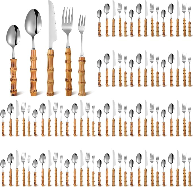 EBOOT 90 Pieces Bamboo Silverware Set 18/8 Stainless Steel Tableware Set by eBoot
