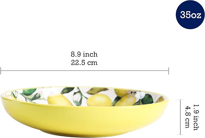 Bico Lemon Dreams Pasta Bowls, 35oz Salad Bowl Set of 4, Large Ceramic Serving - Image 2