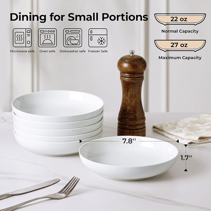Y YHY 7.8'' Pasta Bowls for Small Portions, 22 Ounce Salad White Bowl Plates - Image 2