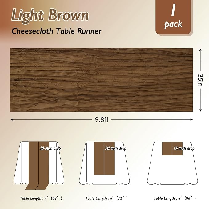 8 Pack Light Brown Cheesecloth Table Runner 120 Inch Boho Wedding Decor | - Image 2