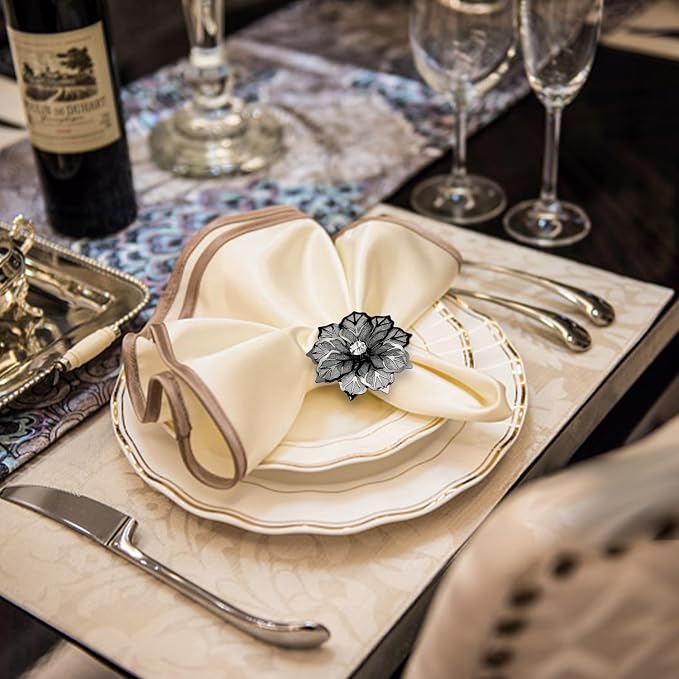 KPOSIYA Flower Napkin Rings Holder Metal Black Napkin Rings Set of 12 - Image 2