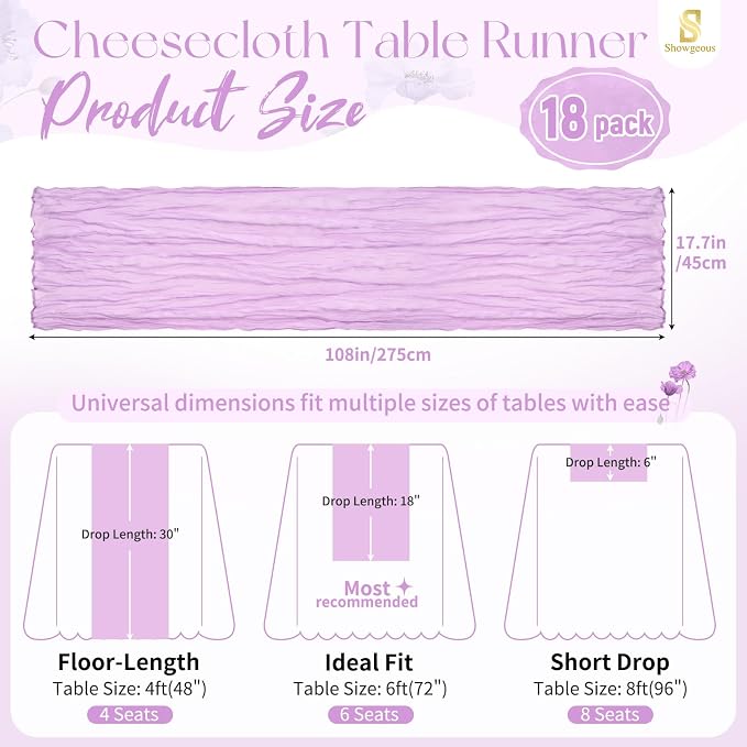 Showgeous 18 Pack Lilac Purple Cheesecloth Table Runner, 17 x 108 Inches | Boho - Image 2