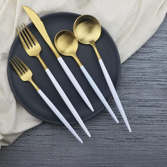 JASHII Luxury Wthie Gold Flatware, 5-piece Elegant Cute 18/10 Stainless Steel - Image 2