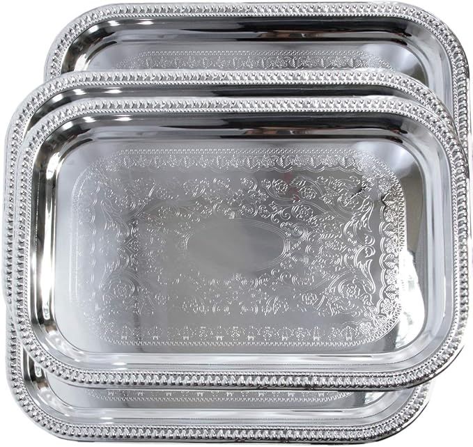 Elegant Floral Engraved Serving Tray Chrome Plated Steel Plate Platter by MAROMEGASTORE