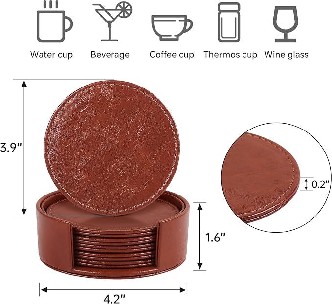 Leather Coasters Set of 6 with Holder, Tabletop Protection, Coffee Table & Bar - Image 4