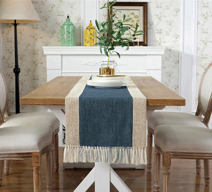 Farmhouse Rustic Faux Linen Dining Table Runner 15 x 94 Inch Blue | Boho Heavy - Image 2