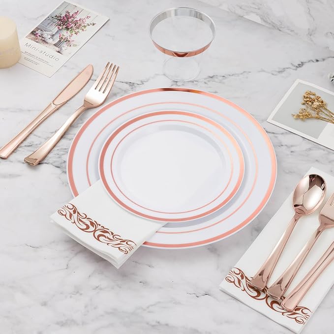 BESTVIP 175 PCS Rose Gold Disposable Plastic Dinnerware Set - Image 5