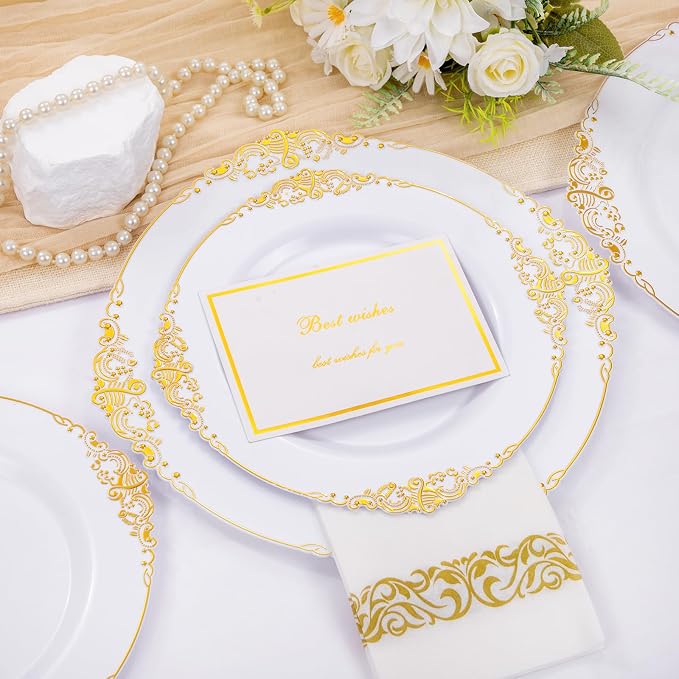 210 Pcs White Gold Plates for Party | White Party Plates Set for 30 Guests - Image 4