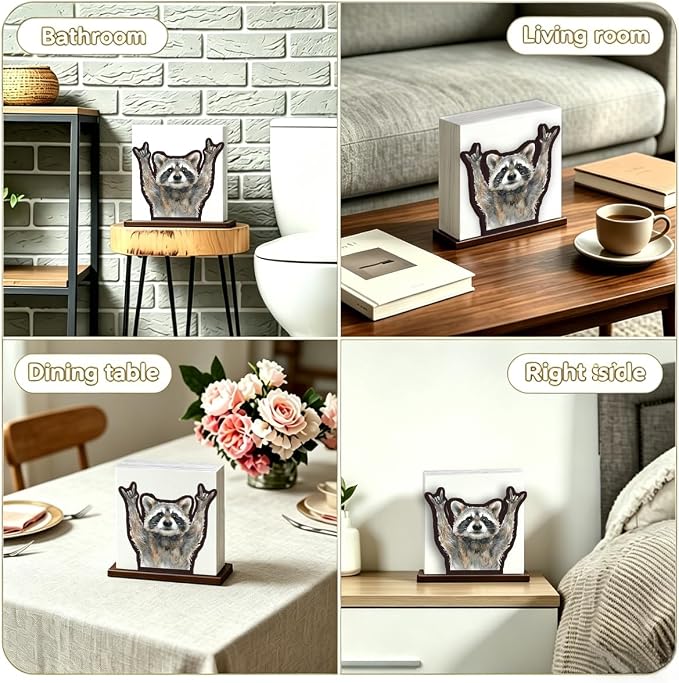 Funny Raccoon Napkin Holder for Table, Cute Raccoon Raising Hands Design Wooden - Image 4