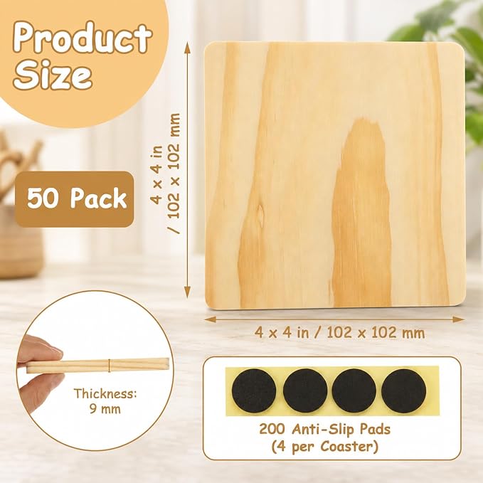 CYEAH 50 Pack Unfinished Square Wood Coasters, 4 Inch Blank Wooden Coasters - Image 2