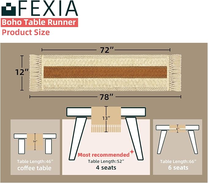 Boho Table Runner for Home Decor 12x72 Fall Coffee Table Decor Caramel | 72 - Image 2