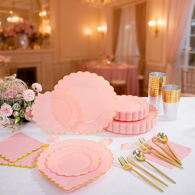 LIYH 210pcs Pink Gold Scalloped Plastic Plates, Elegant Party Dinnerware | - Image 7