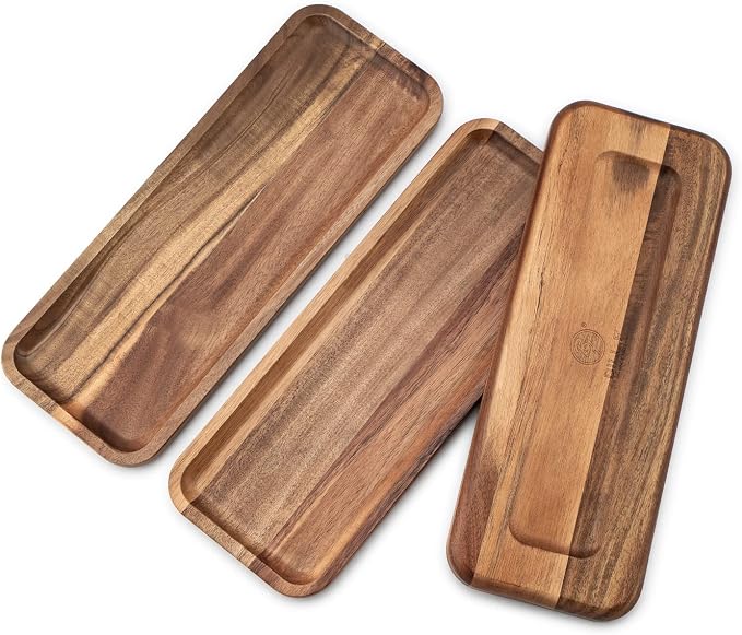 Set of 3 Solid Acacia Wood Serving Trays Rectangular Wooden Serving Platters - Image 4