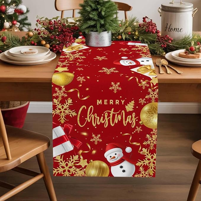 Merry Christmas Table Runner 70 Inches Long, Xmas Balls Snowman Snowflake Table - Image 2