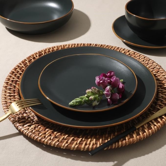 Gibson Home Hazeltine 16-Piece Black Stoneware Dinnerware Set – Plates and Bowls - Image 5
