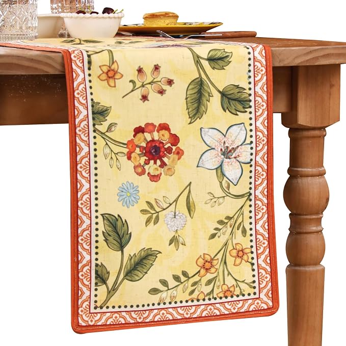 bilin gaier Designer French Linen Long Table Runner, Floral Pattern, Dining by bilingaier