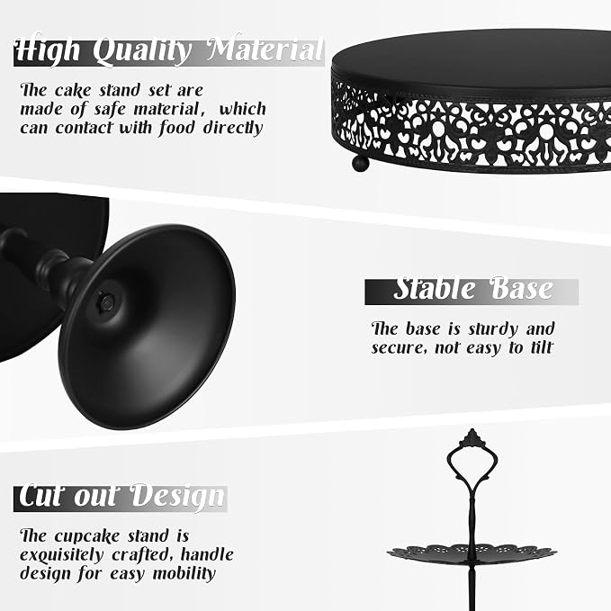 Fivenl 8 Pcs Cake Stand Black Metal Dessert Table Display Set, 3-Tier Cupcake - Image 3