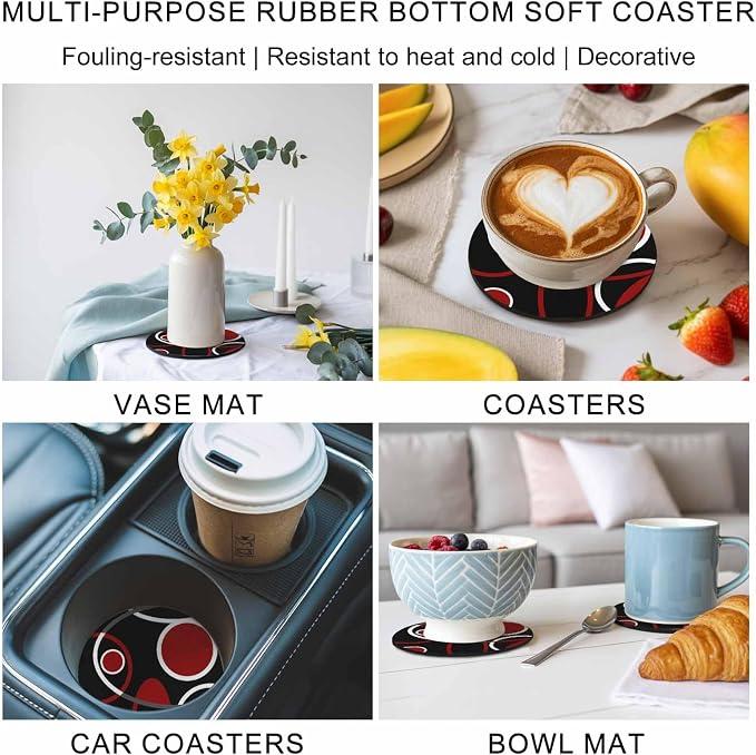 Black Red Coasters Set of 6, Non-Slip Cup Coaster Mat - Image 6