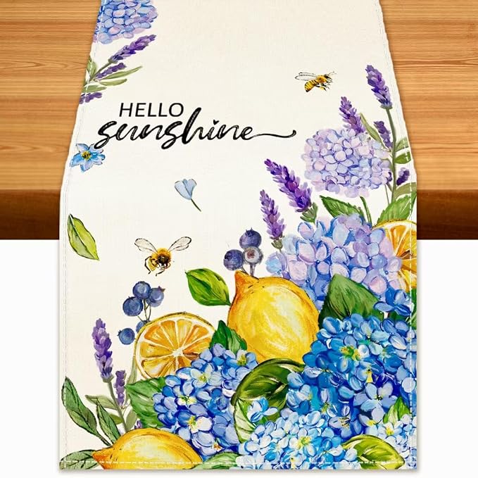Summer Lemon Table Runner Blue Hydrangeas Burlap Table Runners by BEAUTYROMANCEFORYOURLIFE