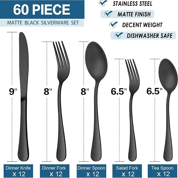 LIANYU 60 Piece Matte Black Silverware Set, Satin Finish Cutlery Set - Image 7