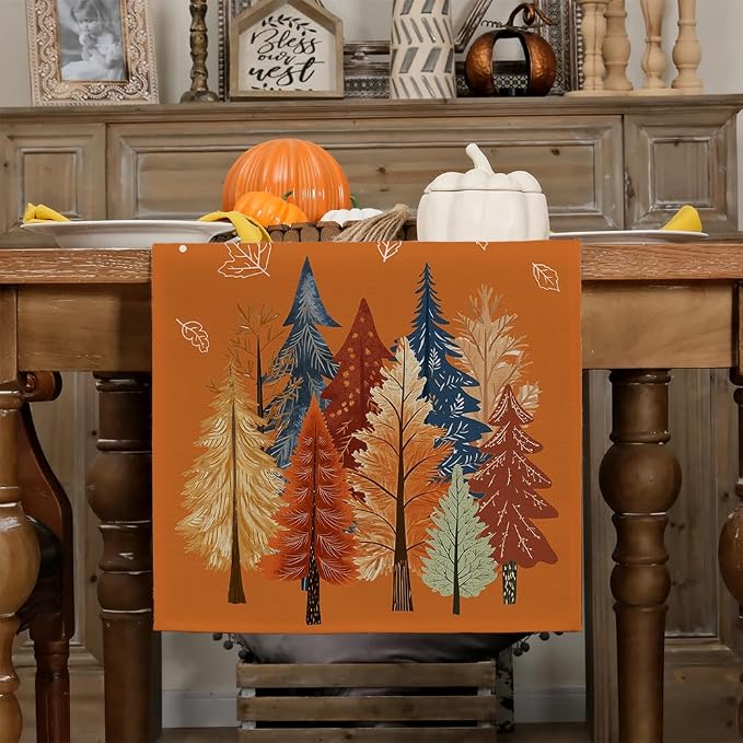 Fall Watercolor Trees & Maple Leaves Table Runner 13x108 Inch, Rustic Farmhouse - Image 3