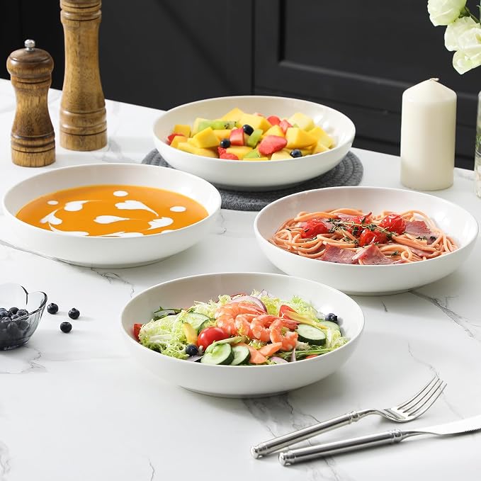 MALACASA 8.85" Large Pasta Bowls, 42 OZ White Salad Bowls Soup Bowls, Porcelain - Image 6