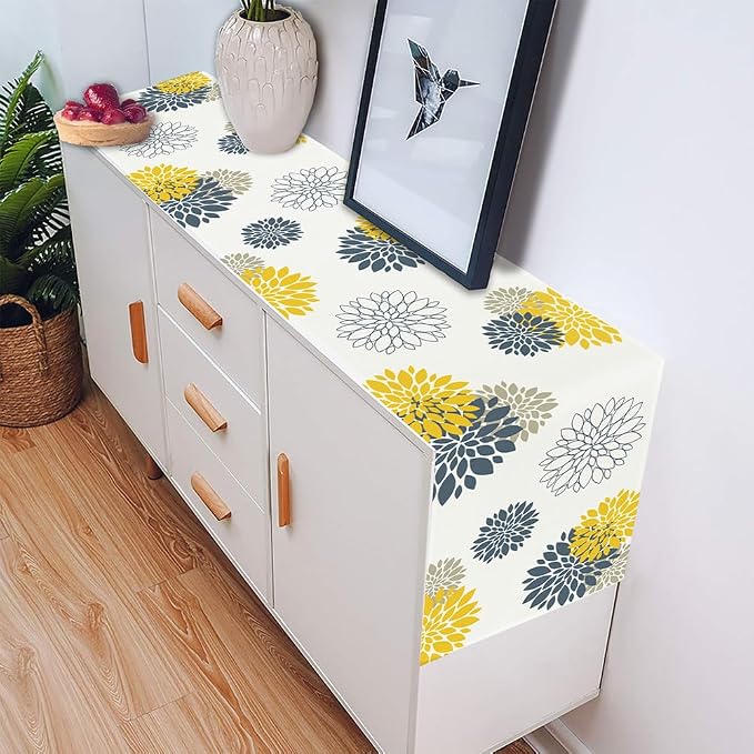 Blue Yellow Gray Table Runner Dahlia Pinnata Flower Beige Table Runners Modern - Image 2
