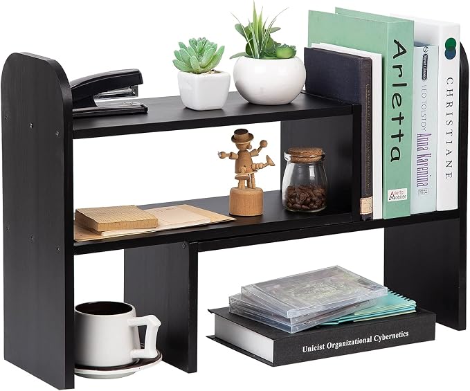 Desktop Adjustable Natural Wood Book Shelf Organizer Office Storage Rack by VERGOODR