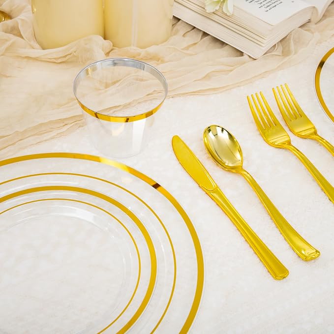 WELLIFE Clear and Gold Plastic Plates, Dinnerware Set - Image 2