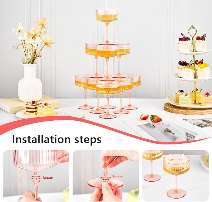 ZOMUIA Ribbed Coupe Glasses 16 Pcs, 10 oz Plastic Champagne Coupe Detachable - Image 3